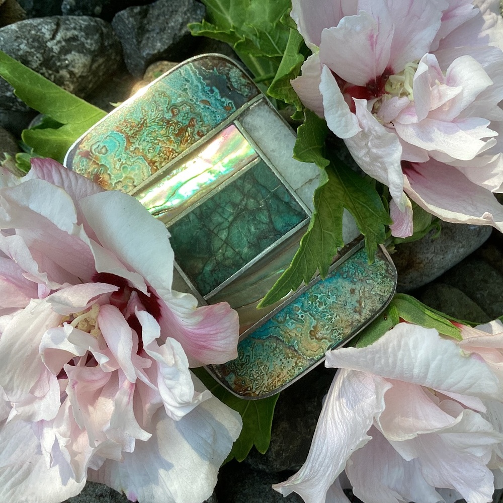 Vintage Silver Turquoise Mother Of Pearl Quartz Stones Inlay Belt Buckle